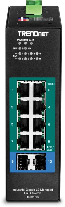 TRENDnet TI Hardened Industrial Railmount Gigabit Managed Switch, 8x RJ-45, 2x SFP, 240W PoE+