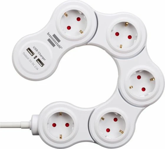 Brennenstuhl Vario Power bewegliche Steckdosenleiste mit USB-Ladefunktion, Schalter, 5-fach, 1.4m, weiß