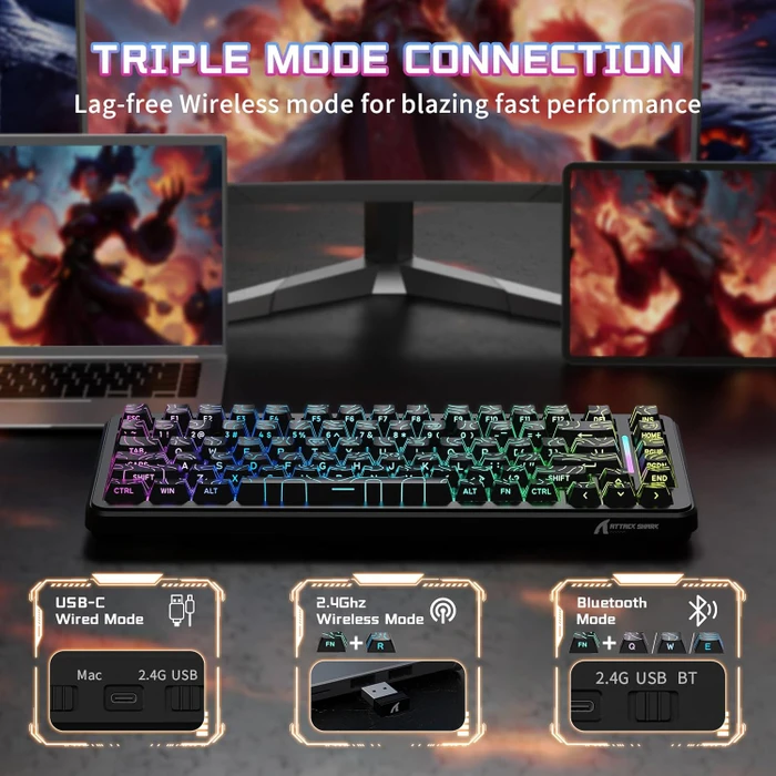 Attack Shark X82PRO HE Magnetic 75%, schwarz mit Kontur, LEDs RGB, Outemu White Jade Magnetic, USB/Bluetooth, US