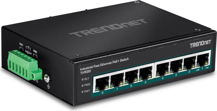 TRENDnet TI Hardened Industrial Railmount Switch, 8x RJ-45, 200W PoE+