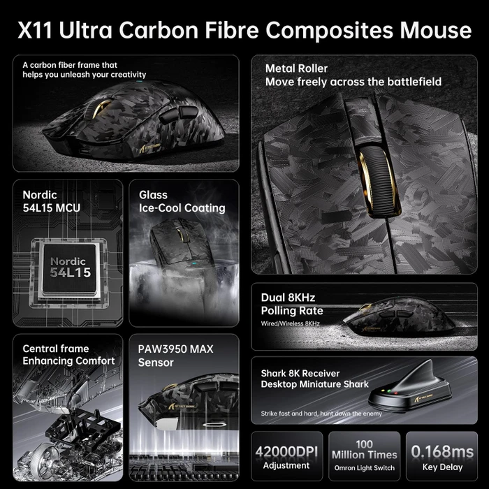 Attack Shark X11 Ultra Carbon Fiber 8KHz Wireless, Forged Black, USB/Bluetooth