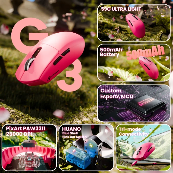 Attack Shark G3 Tri-mode Wireless Gaming Mouse, Berry Red, USB/Bluetooth