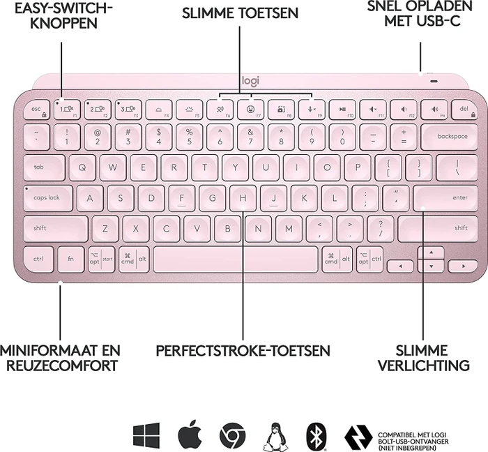 Logitech MX Keys Mini, rosa, LEDs weiß, Logi Bolt, Rose, USB/Bluetooth, US