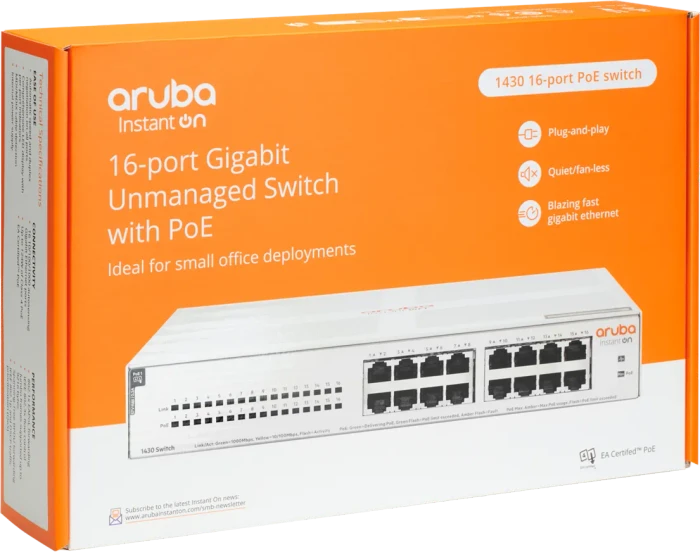 HPE Aruba Instant On 1430 Desktop Gigabit Switch, 16x RJ-45, 124W PoE+