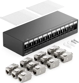 deleyCON Patchpanel Gehäuse für Keystone Module, 1HE, inkl. RJ-45 Cat7 Module, 12-Port, 1HE