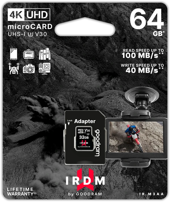 goodram M3AA IRDM MICROCARD R100/W40 64GB Kit, UHS-I U3, Class 10