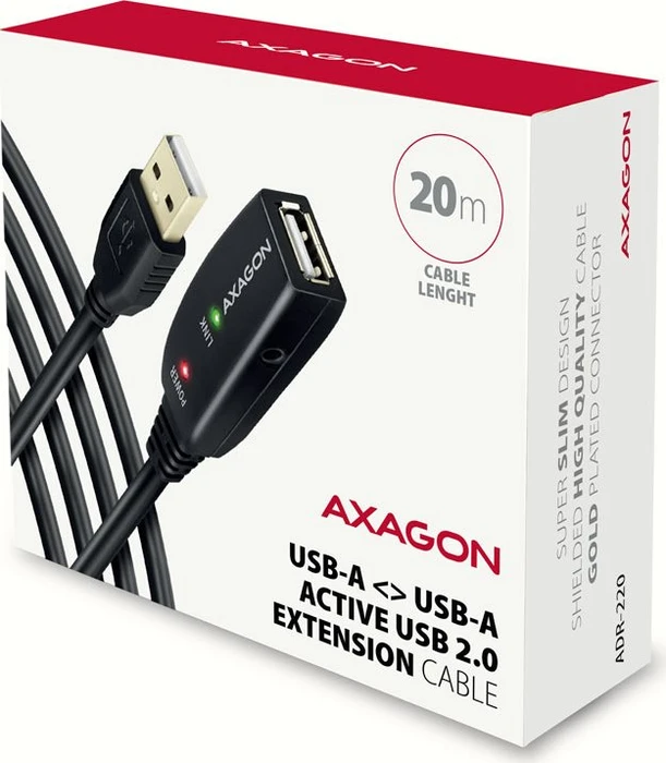 Axagon USB-A Verlängerung, USB 2.0, 480Mb/s, USB-A 2.0 [Stecker] auf USB-A 2.0 [Buchse], aktiv, Verlängerungskabel A/A, 20m