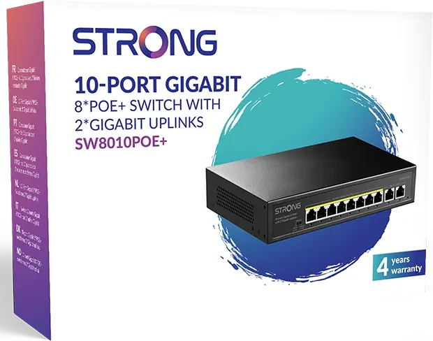 Strong Desktop Gigabit Switch, 10x RJ-45, 100W PoE+