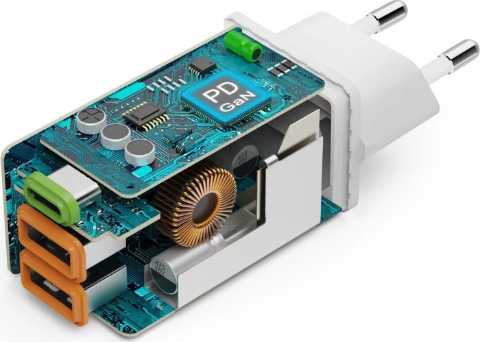 Hama GaN Schnellladegerät, USB-C/USB-A, 1x USB-C + 2x USB-A, 45W, weiß