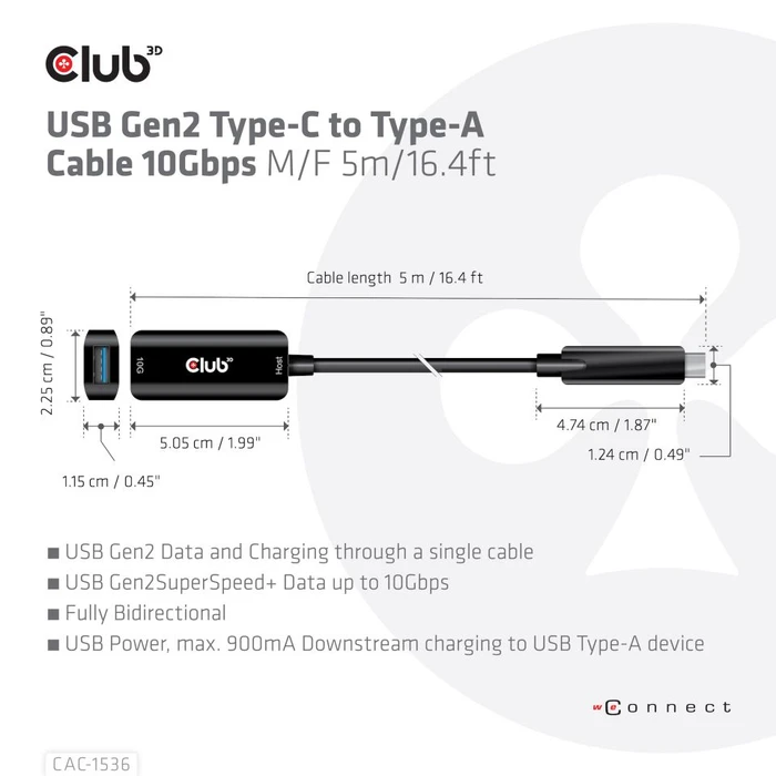 Club 3D USB-C 3.1 Kabel, aktiv, 10Gb/s, USB-C 3.1 Stecker auf USB-A 3.1 Buchse, 5m