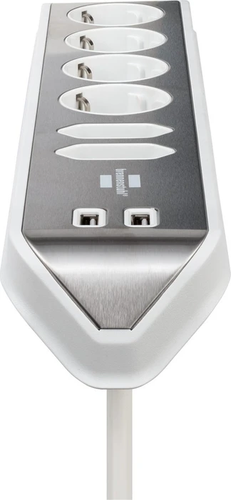 Brennenstuhl estilo Ecksteckdosenleiste, Tischsteckdose, 6-fach, 2x USB-A, 2m, silber/weiß