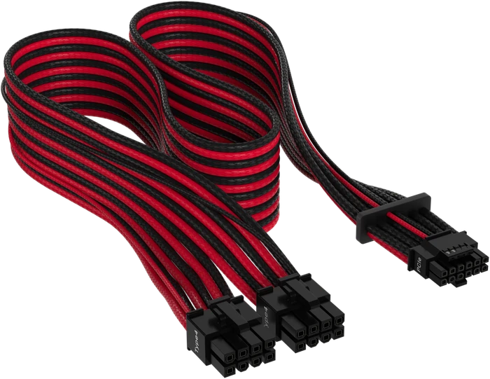 Corsair PSU Cable Type 4 - 600W PCIe 5.0 12VHPWR, 2x 8-Pin PCIe Stecker auf 16-Pin PCIe 5.0 12VHPWR Stecker, Adapterkabel, Premium Individually Sleeved, rot/schwarz, 65cm