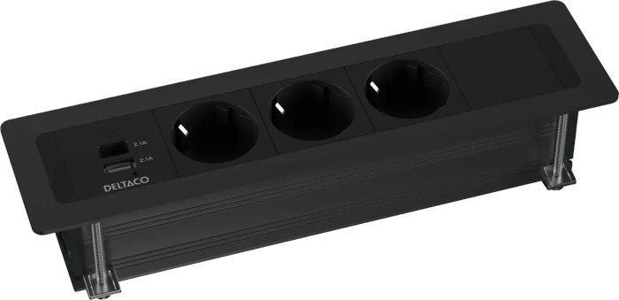 Deltaco GT-1303 Steckdosenleiste für Einbaumontage, 3-fach, 1x USB-A/1x USB-C, schwarz