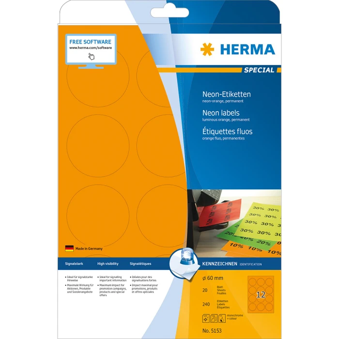 Herma Neonetiketten rund, 60mm, orange, matt, 20 Blatt (240 Etiketten)