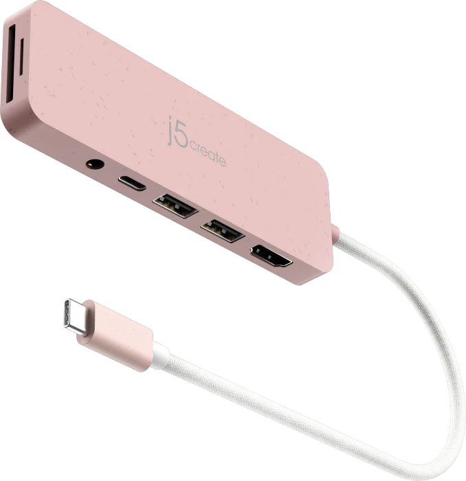 j5create Eco-Friendly 7-in1 USB-C Multi-Port Hub with Power Delivery rosa, USB-C 3.0 [Stecker]