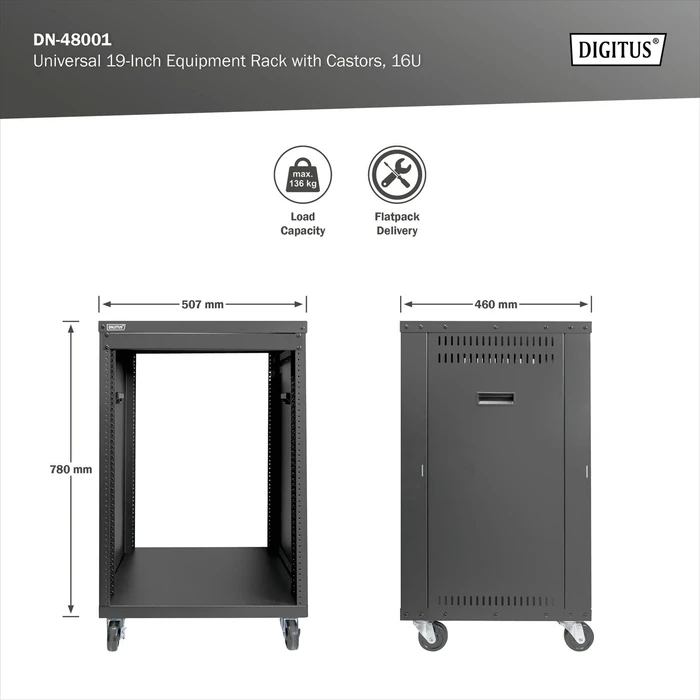 Digitus Audio Video Rack 19" AVS/Equipment Rack 16HE, mit Rollen, unmontiert, RAL 9005, 460mm tief