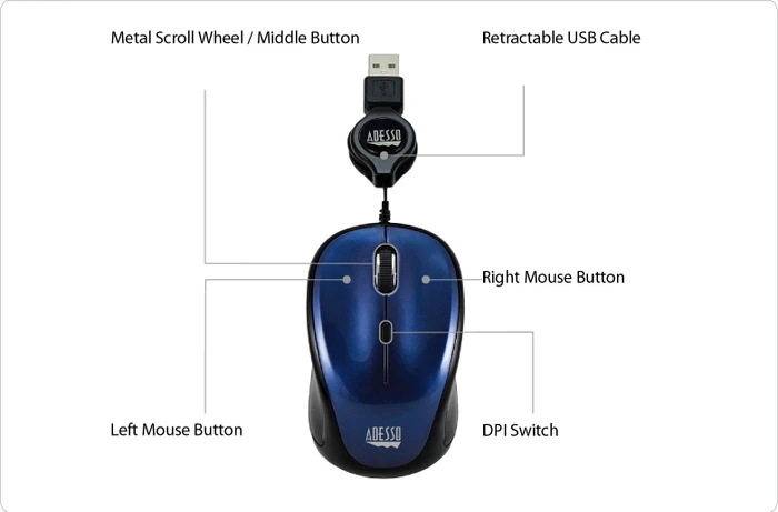 Adesso iMouse S8L Illuminated Retractable Mini Mouse blau, USB