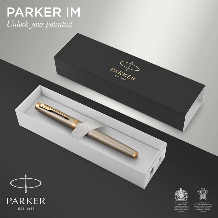 Parker IM brushed metal/gold trim, rechte Hand, fein, Geschenkbox