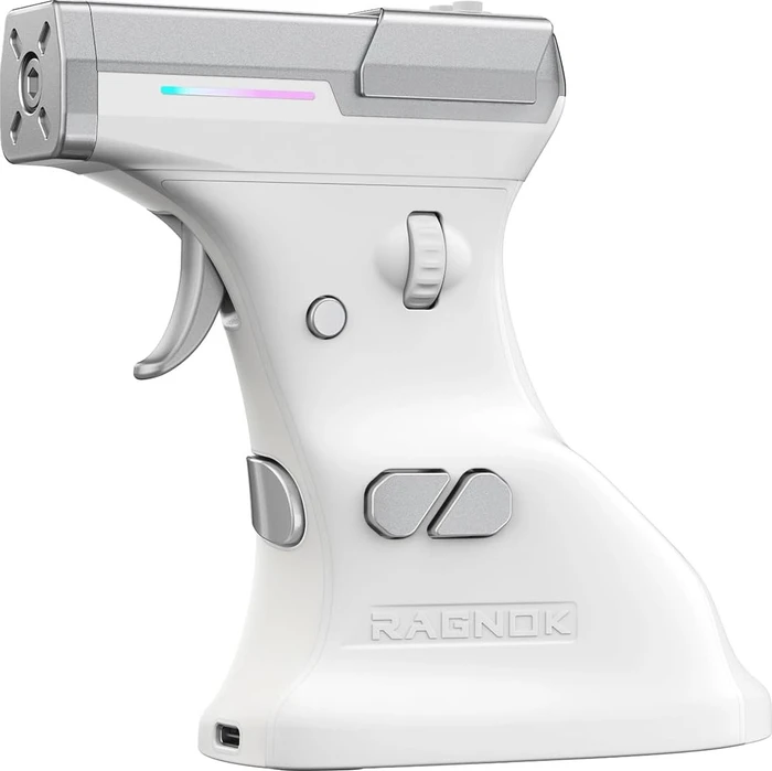 Ragnok ErgoStrike7 Wireless Gun Mouse mit Rückstoß-Funktion, vertikal, weiß/silber, USB/Bluetooth
