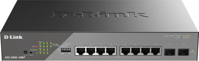 D-Link DSS-200 Surveillance Desktop Gigabit Smart Switch, 8x RJ-45, 2x SFP, 130W PoE+