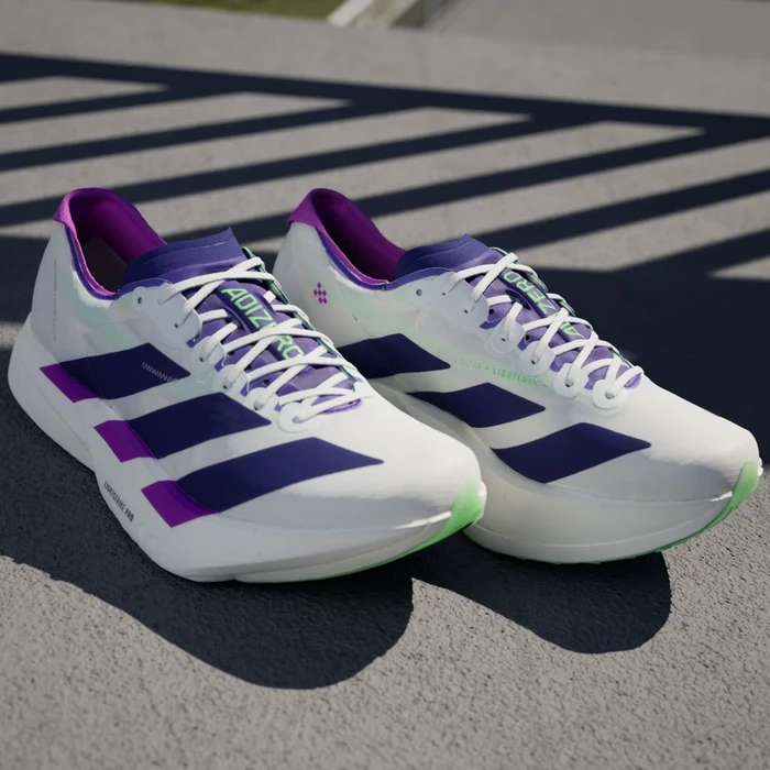 adidas Adizero Adios Pro 4 core white/collegiate purple/lime burst (Herren)