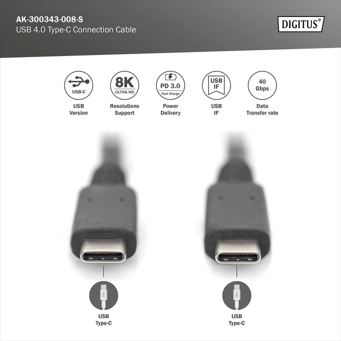 Digitus USB4 Kabel, 40Gb/s, 8K60Hz, 240W PD, USB-C Stecker auf USB-C Stecker, schwarz, 1m