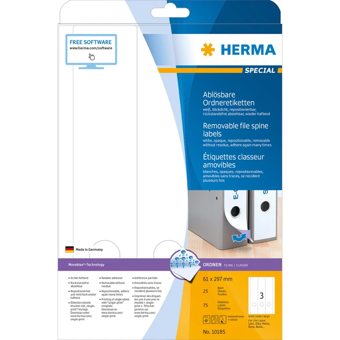 Herma Ordneretiketten, 61x297mm, ablösbar, weiß, 25 Blatt (75 Etiketten)