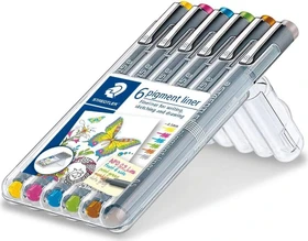 Staedtler Pigmentliner 308 0.5mm mit gelb sortiert, 6er-Set, Kunststoffetui