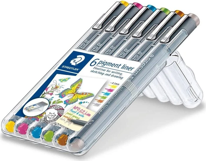 Staedtler Pigmentliner 308 0.5mm mit gelb sortiert, 6er-Set, Kunststoffetui