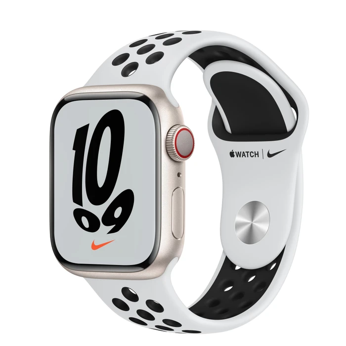 Apple Watch Nike Series 7 (GPS + Cellular) 41mm Aluminium Polarstern mit Sportarmband Pure Platinum/schwarz