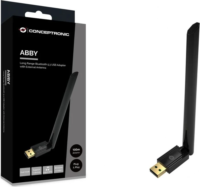 Conceptronic ABBY17B Bluetooth USB Adapter mit externer Antenne, Reichweite bis 100m, Bluetooth 5.3, USB-A 2.0 [Stecker]