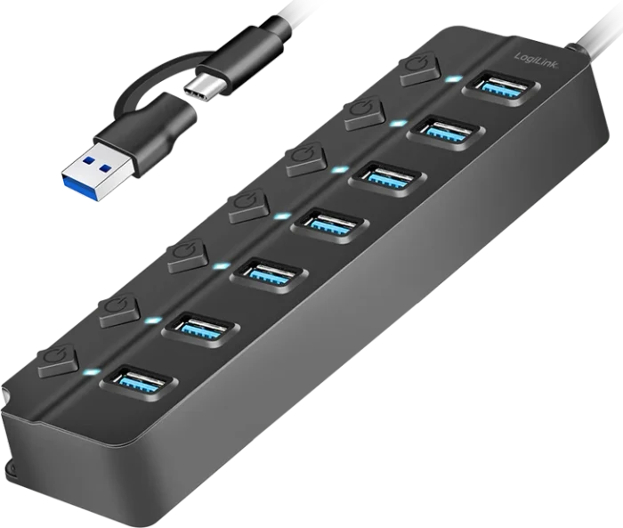 LogiLink USB 3.2 Gen1 Hub mit Ein-/Aus-Schalter, 7x USB-A 3.0, USB-C/USB-A 3.0 [Stecker]