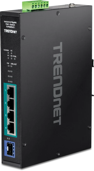TRENDnet TI Hardened Industrial Railmount Gigabit Switch, 4x RJ-45, 1x SFP, 120W PoE+