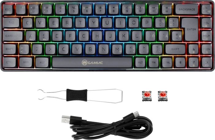 Gamiac TKL69G Gaming Keyboard, schwarz/grau, LEDs RGB, Kailh RED, USB, DE