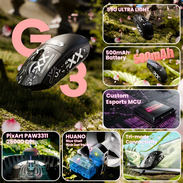Attack Shark G3 Tri-mode Wireless Gaming Mouse, Black, inkl. Grip Tape, USB/Bluetooth