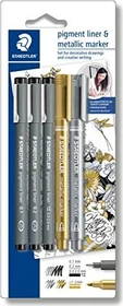 Staedtler Pigmentliner 308 schwarz mit metallic sortiert, 5er-Set, Kartonbox