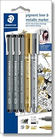 Staedtler Pigmentliner 308 schwarz mit metallic sortiert, 5er-Set, Kartonbox