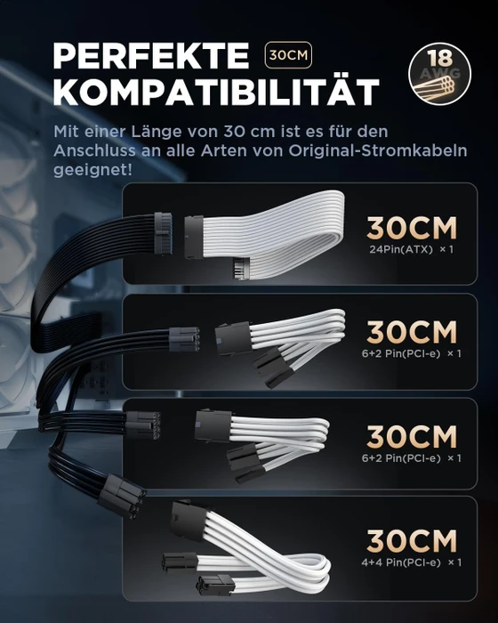 AsiaHorse GPU/CPU Cable Extension Kit, 1x 24-Pin, 1x 4/8-Pin ATX, 2x 8-Pin PCIe, 16AWG, weiß, schwarze Stecker, 30cm