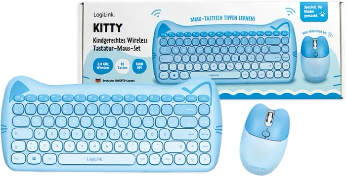 LogiLink Kitty Kindgerechtes Wireless Tastatur-Maus-Set, blau, USB, DE