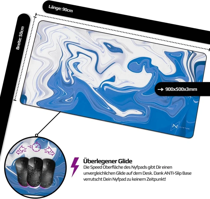 Nyfter Nyfpad XXL Liquid Premium Gaming Mousepad, 900x500mm, Design weiß/blau
