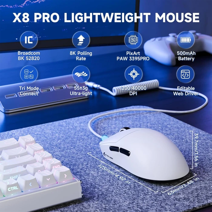 Attack Shark X8 Pro Tri-mode Wireless Gaming Mouse, weiß, USB/Bluetooth