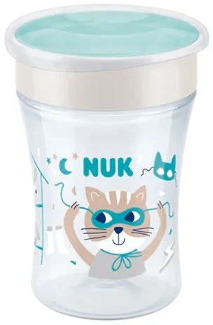 NUK Magic Cup Trinkbecher mit Trinkrand und Deckel, 8+M, 230ml, katze mint