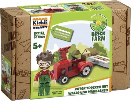 Kiddicraft BrickFarm Roter Trecker mit Walze und Mähbalken