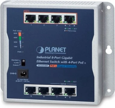 Planet WGS-800 Industrial Wallmount Gigabit Switch, 8x RJ-45, 60W PoE+