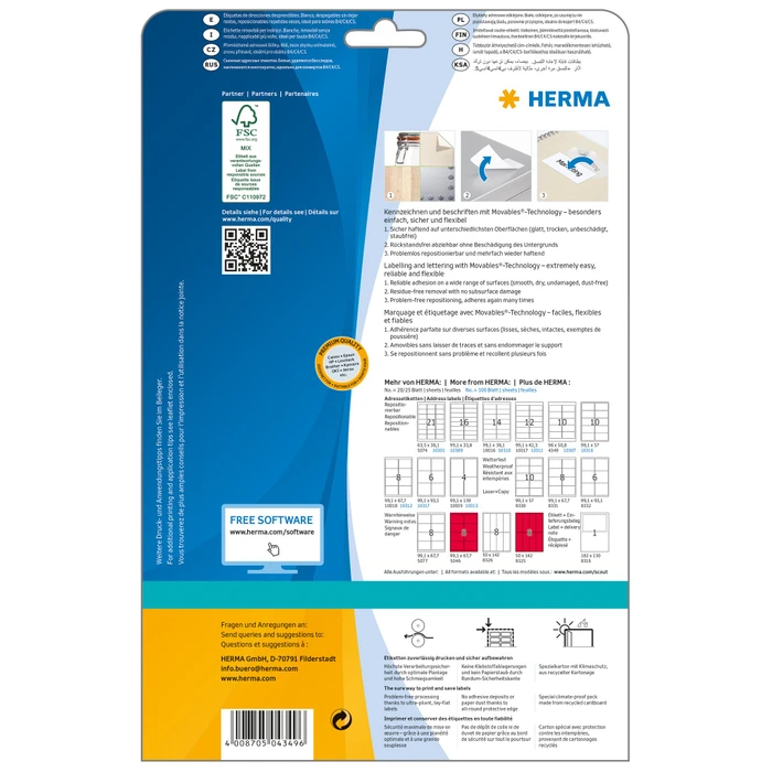 Herma Etiketten Premium, 96x50.8mm, ablösbar, weiß, matt, 25 Blatt (250 Etiketten)