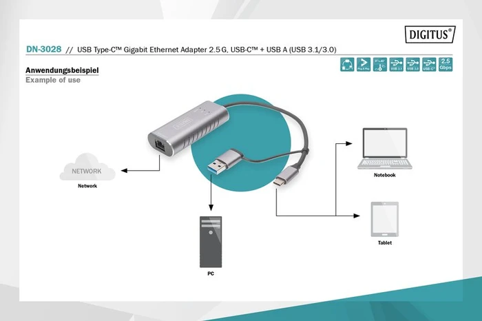 Digitus 2.5G Adapter LAN-Adapter, RJ-45, USB-C 3.0 [Stecker]
