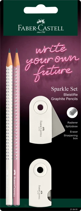 Faber-Castell Sparkle Schreibset Bleistift B graphit, coconut milk/rose shadow, Radierer, Anspitzer, 4er-Set