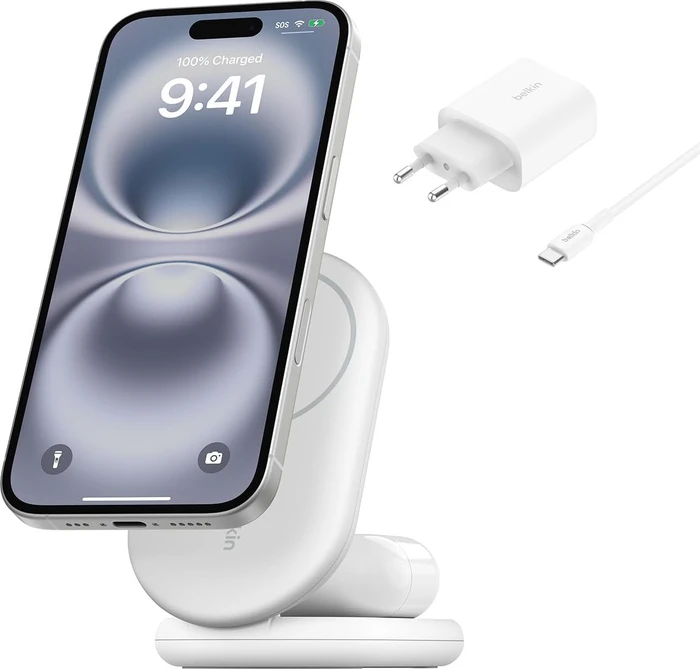 Belkin BoostCharge Magnetische, einklappbare, kabellose 2-in-1-Ladestation mit Qi2 (15W) weiß