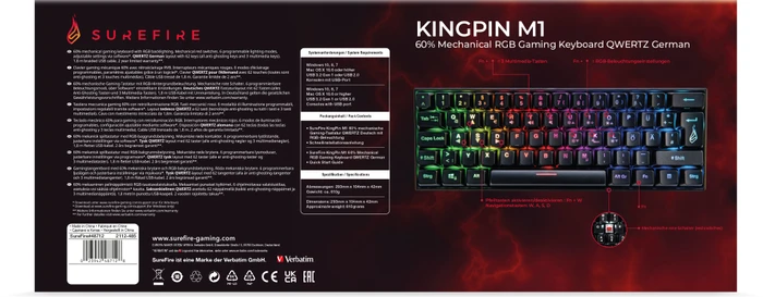 Verbatim SureFire KingPin M1 60% Gaming Keyboard, LEDs RGB, RED Switches, schwarz, USB, DE