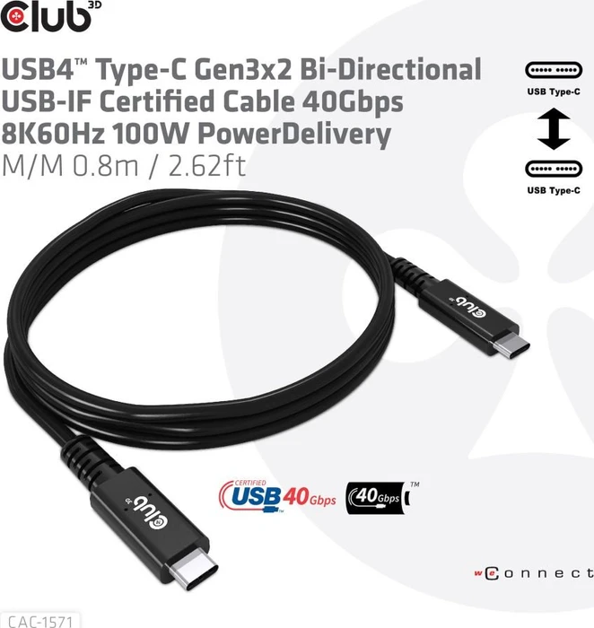 Club 3D USB-C 2.0 Kabel, 480Mb/s, 240W PD EPR, USB-C 2.0 Stecker auf USB-C 2.0 Stecker, 1m